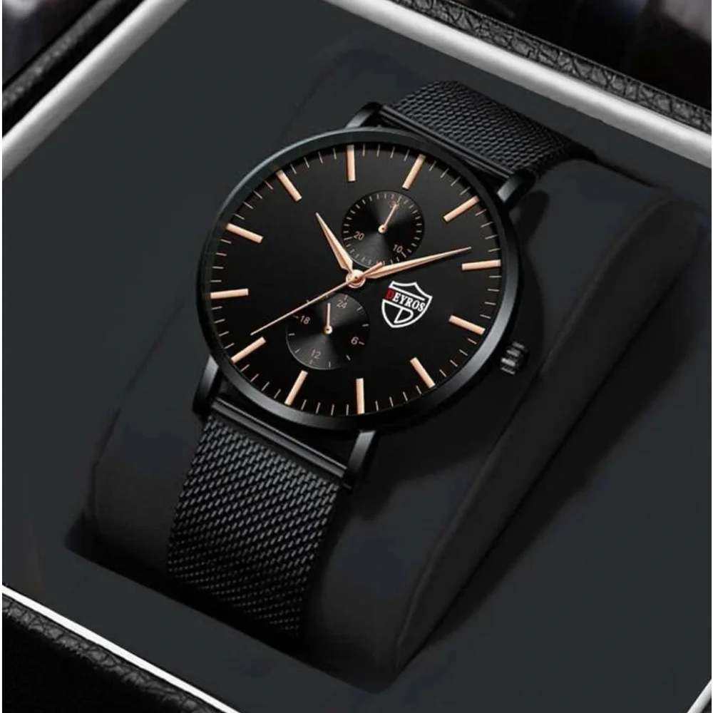 New Stainless Steel Analog Quartz Black Rose Gold Business Casual Mens Watch